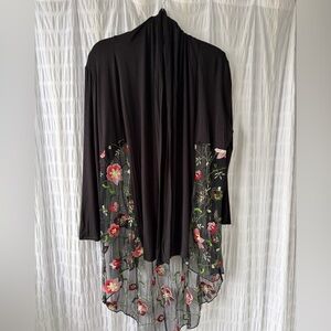 Kim & Cami Black Open-Front Cardigan with Embroidered flower mesh. NWT